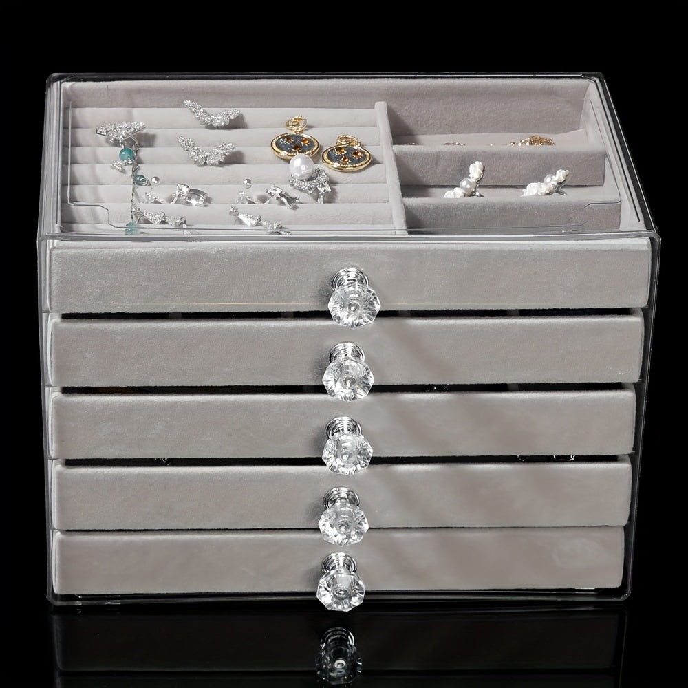 Caja de joyería de cinco capas con cajones para anillos, pendientes, pulseras y relojes. Almacenamiento de plástico con interior de tela