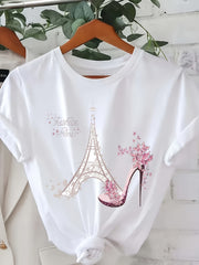 Plus Size Women's Eiffel Tower Print T-Shirt Black Polyester Casual Top