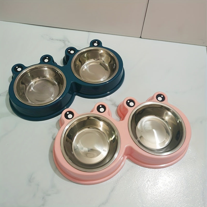 Stainless Steel Double Bowl for Small Dogs and Cats with Pet Frog Design