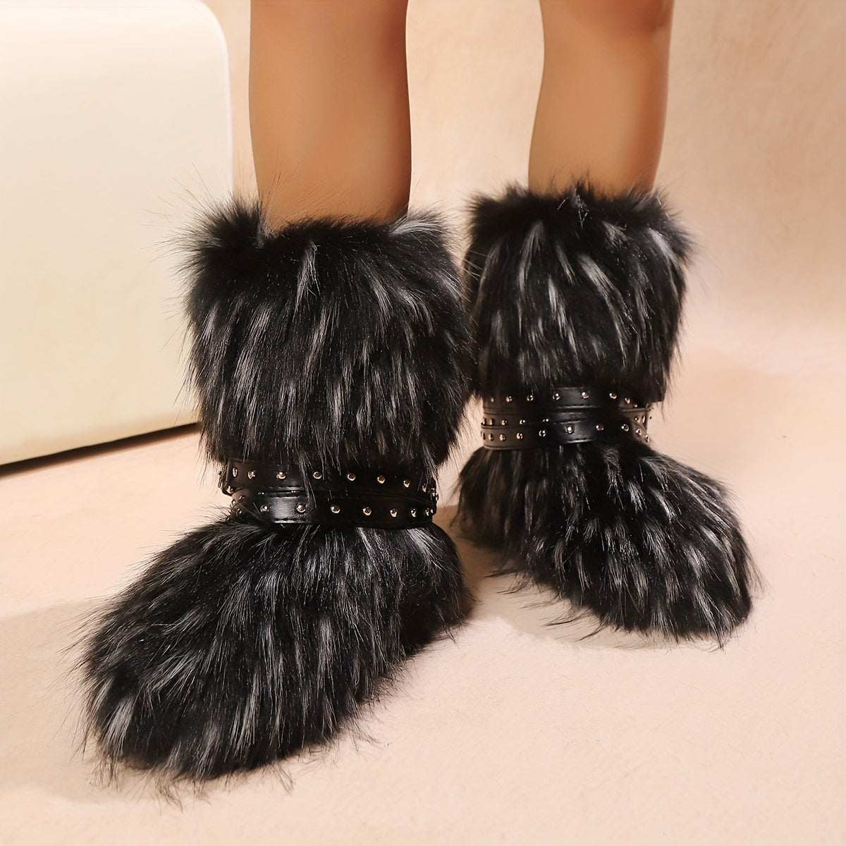 Women's Faux Fur Snow Boots with Slip-On Mid-Calf Round Toe Black White Brown Tan