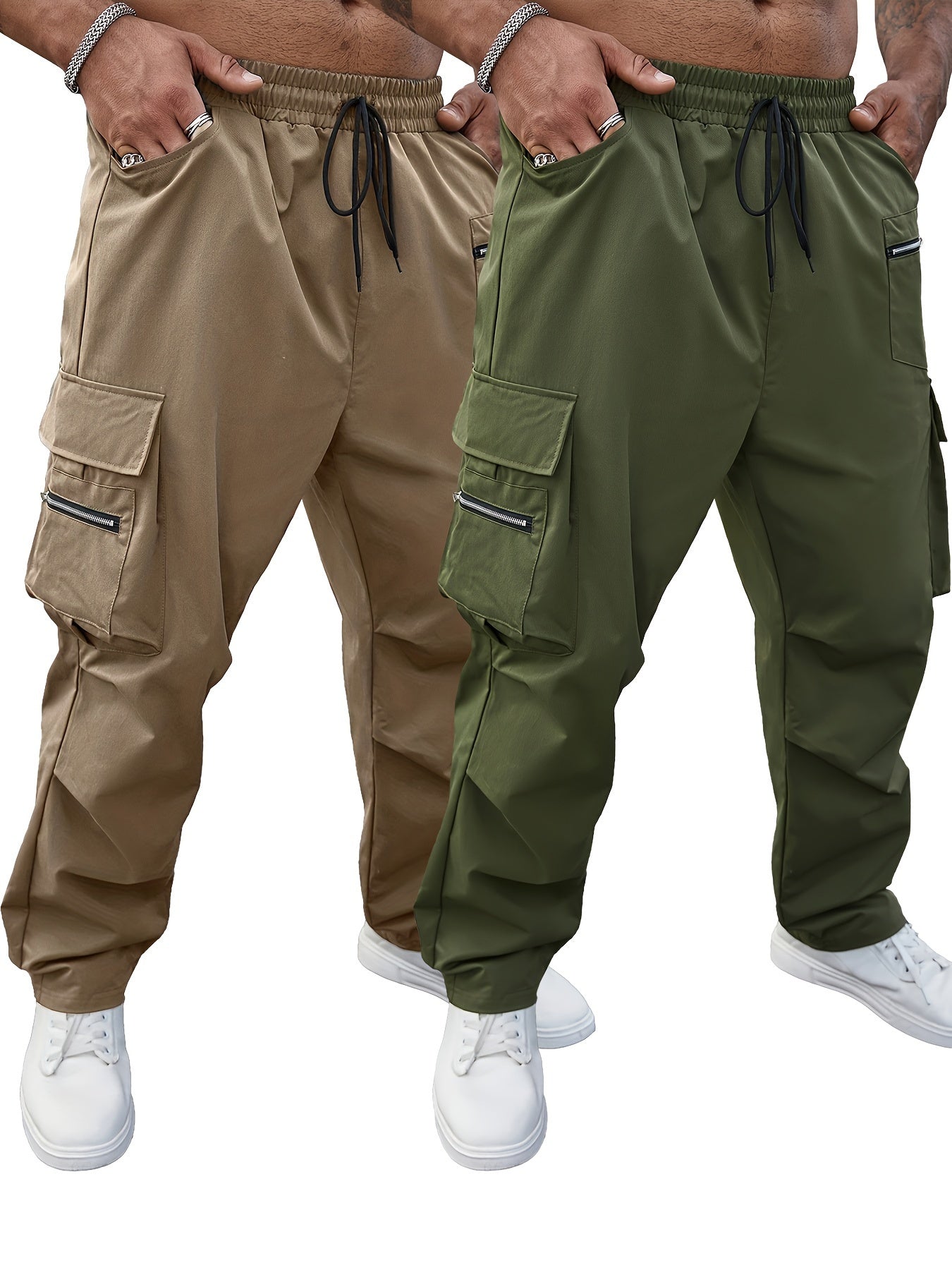 Men's Plus Size Cargo Pants Solid Color Casual Regular Fit Polyester Set of Two
