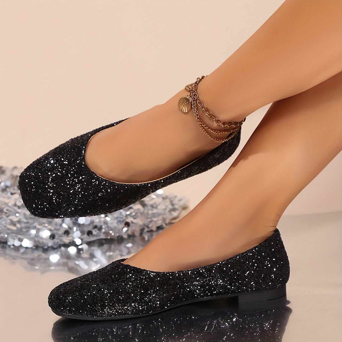Zapatos planos negros con purpurina para mujer, fáciles de poner, suelas de goma duraderas
