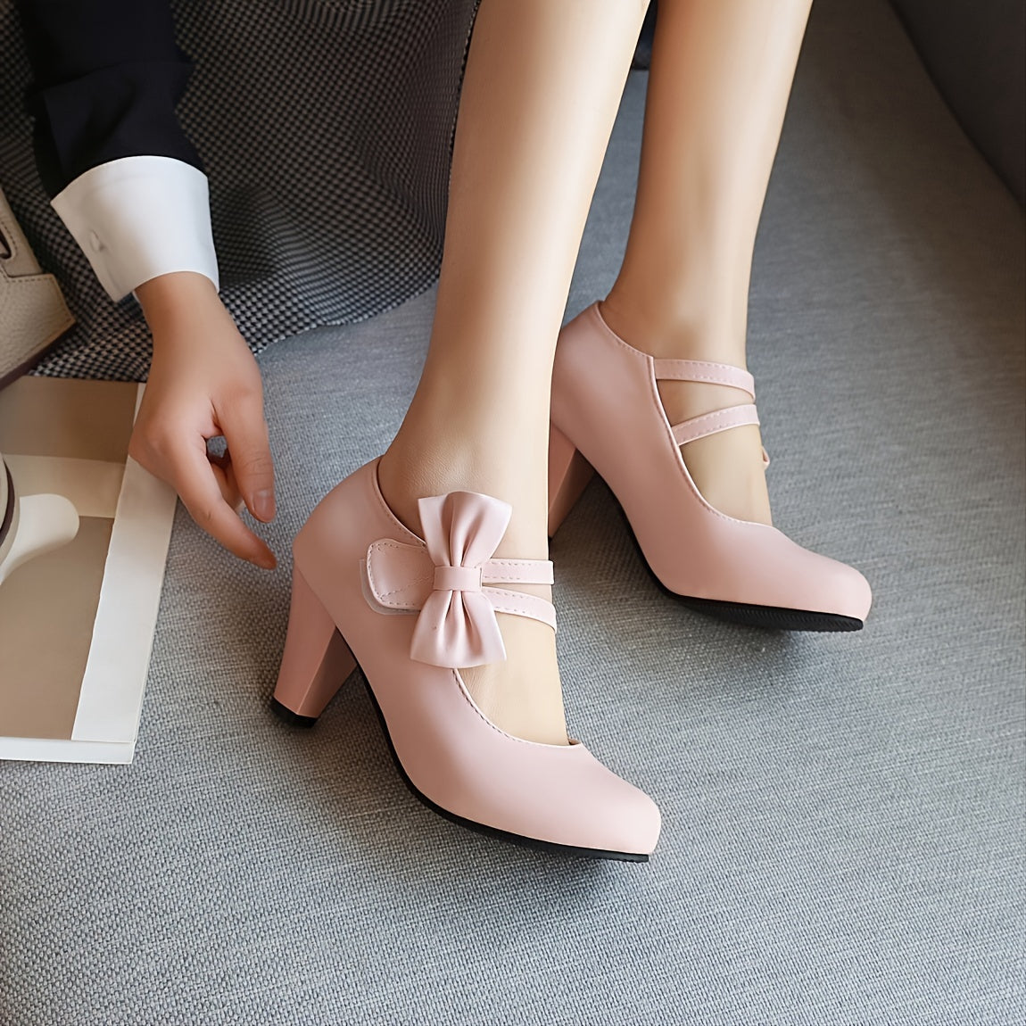 Women's PU Leather Round Toe Kitten Heel Pumps with Bowknot Ankle Straps