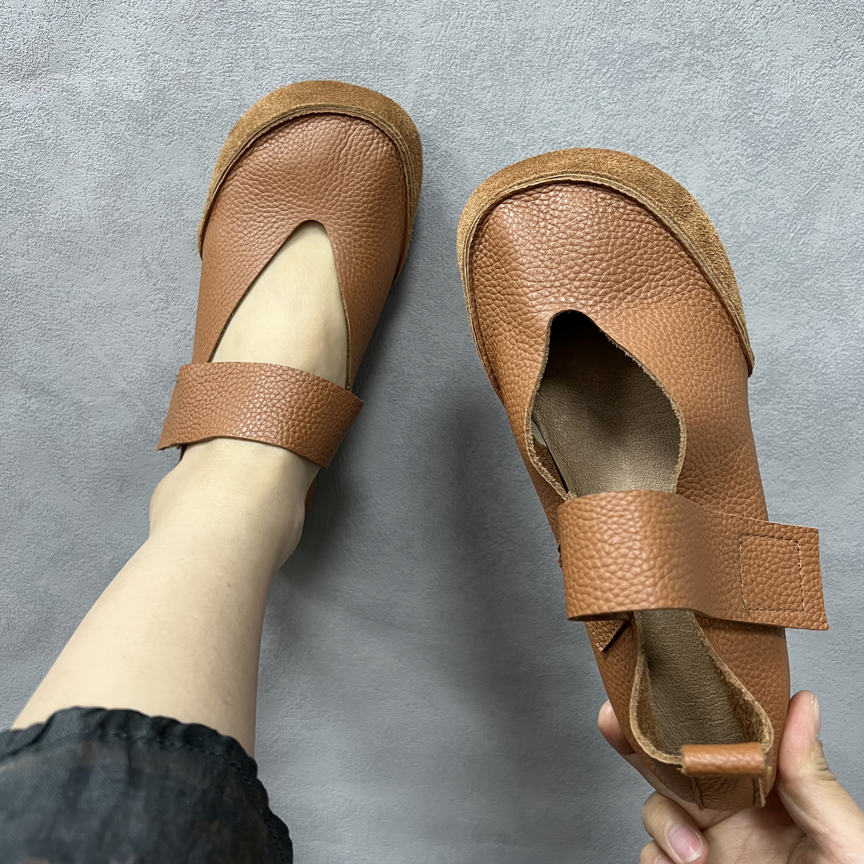 Women's Genuine Leather Mary Jane Flats Brown Breathable Comfortable