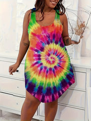Plus Size Women's Sleep Dress Rainbow Tie-Dye Sleeveless Nightgown Polyester Loungewear