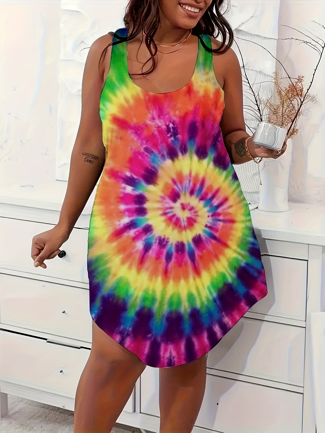 Plus Size Women's Sleep Dress Rainbow Tie-Dye Sleeveless Nightgown Polyester Loungewear