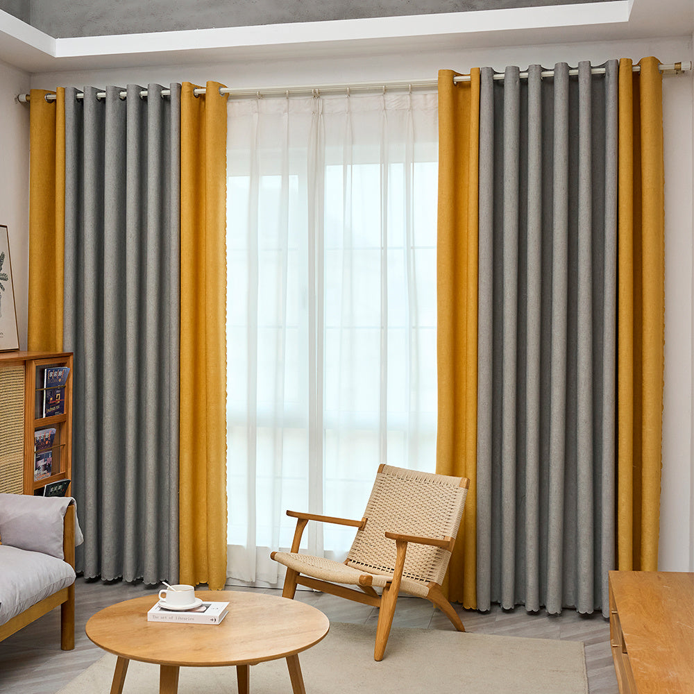 Gray and Yellow Fabric Patchwork Curtains Light-Blocking Machine Washable Cordless for Bedroom Living Room
