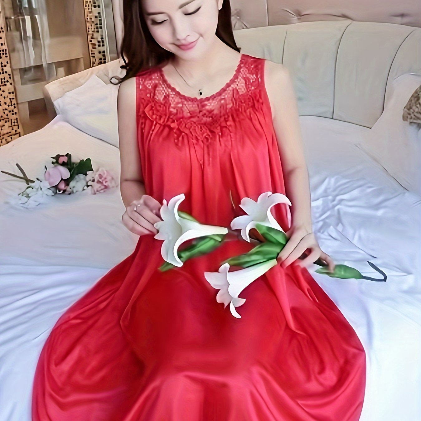 Women's Sleeveless Lace Nightdress Summer Elegant Solid Color Satin Feel Sleepwear