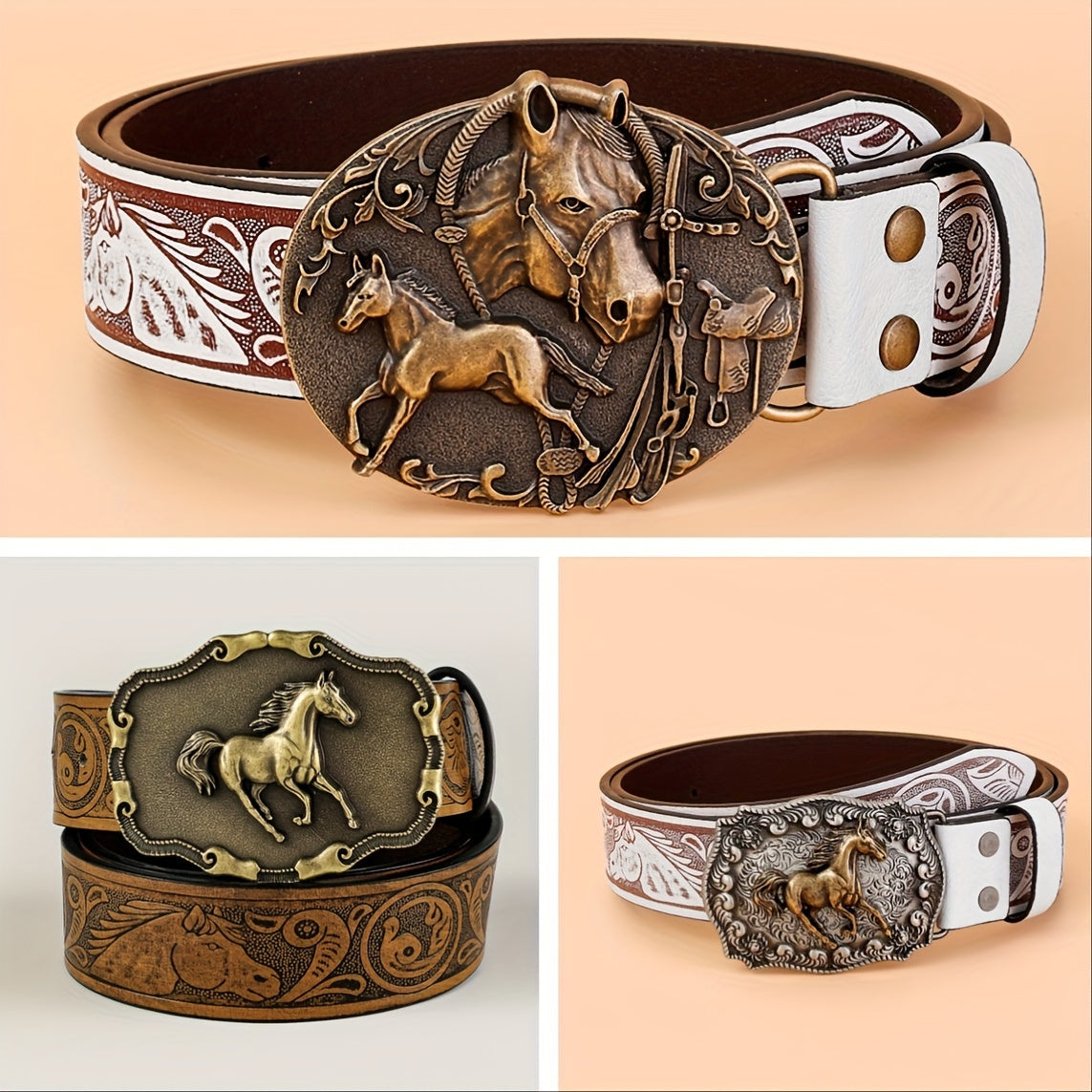 Western-Style Leather Belts for Men and Women Carved Buckle Embossed Solid Colors