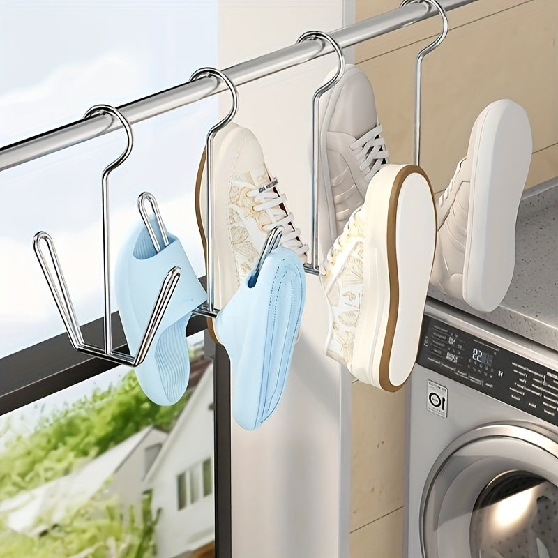 Set of 4 Stainless Steel Wall-Mounted Shoe Racks with Hooks for Home and Balcony Storage