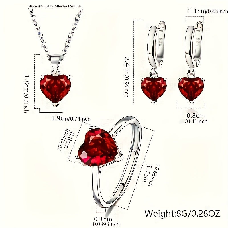 Set of Four Heart-Shaped Cubic Zirconia Jewelry Pieces Silver Plated Copper Romantic Necklace Ring Earrings for Anniversary Wedding Valentine