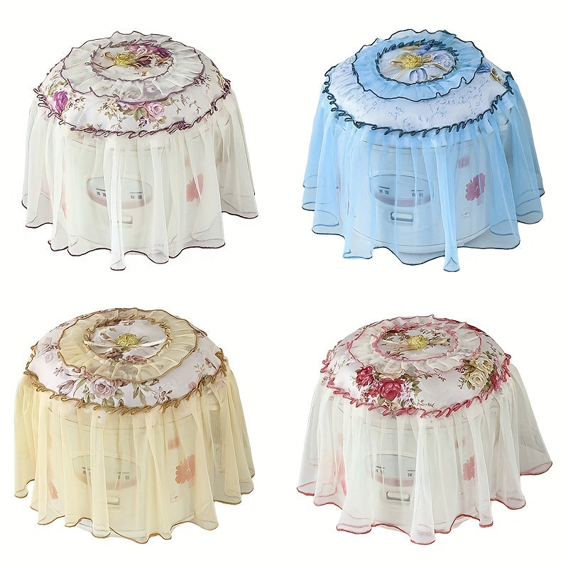 Floral Lace Round Kitchen Cover for Rice Cooker White Light Blue