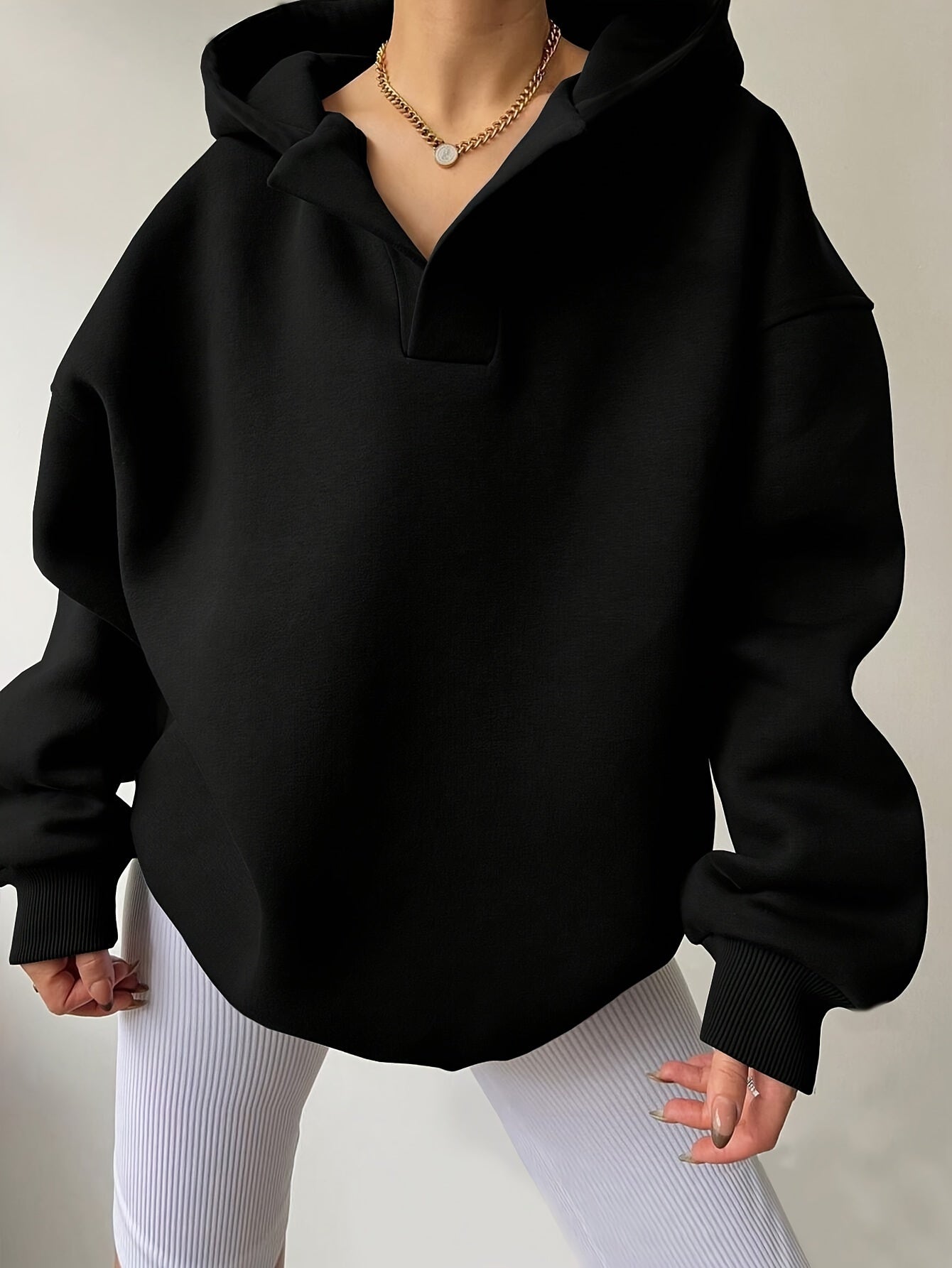 Women's Black Hooded Sweatshirt Semi-Open Casual Fall Winter Pullover
