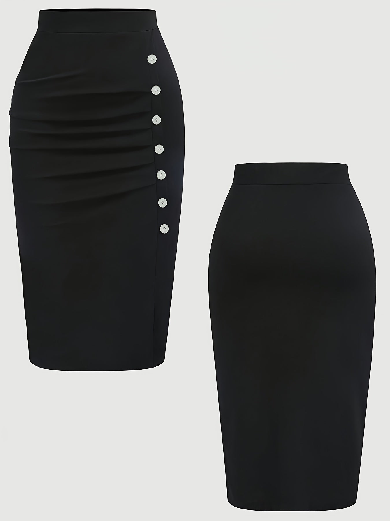 Plus Size Black Pencil Skirt with Ruched Detail and Decorative Buttons High Waist Polyester