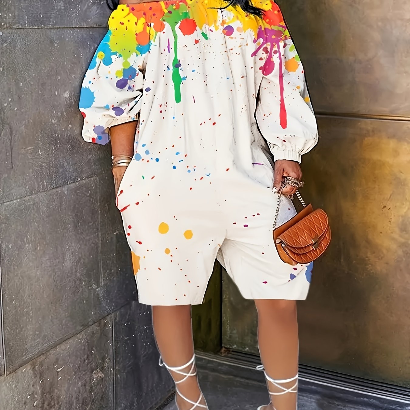 Women's Plus Size Splash Ink Print Off Shoulder Romper Long Sleeve Casual Clothing