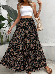 Bohemian Style Long Skirt with Small Floral Print Elastic Waist for Women
