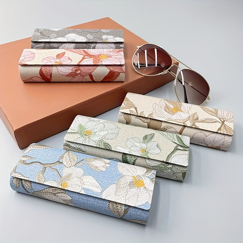Floral Print Hard Eyeglass Case with Magnetic Leather Closure Stylish Sunglass Storage Box