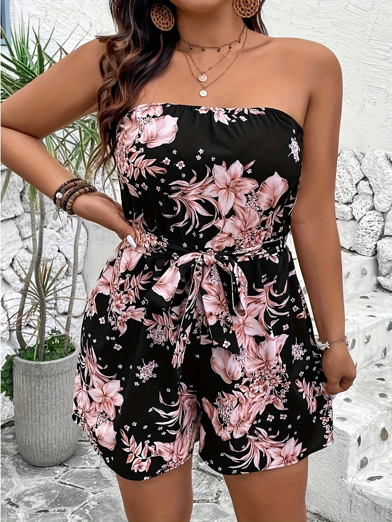 Women's Printed Strapless Jumpsuit with Vacation Pattern
