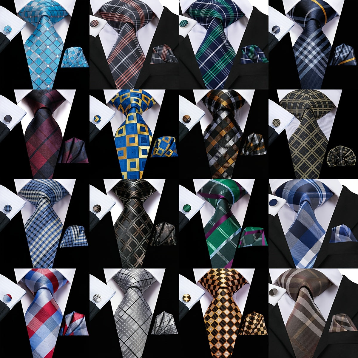 Men's Plaid Necktie Set with Hanky and Cufflinks for Weddings Business and Parties