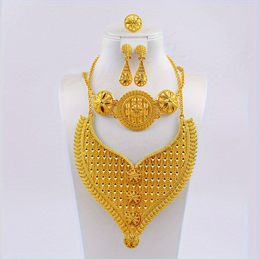 Middle East Jewelry Set with Earrings Rings Bracelets and Necklaces 24K Gold Plated for Dubai Women Wedding