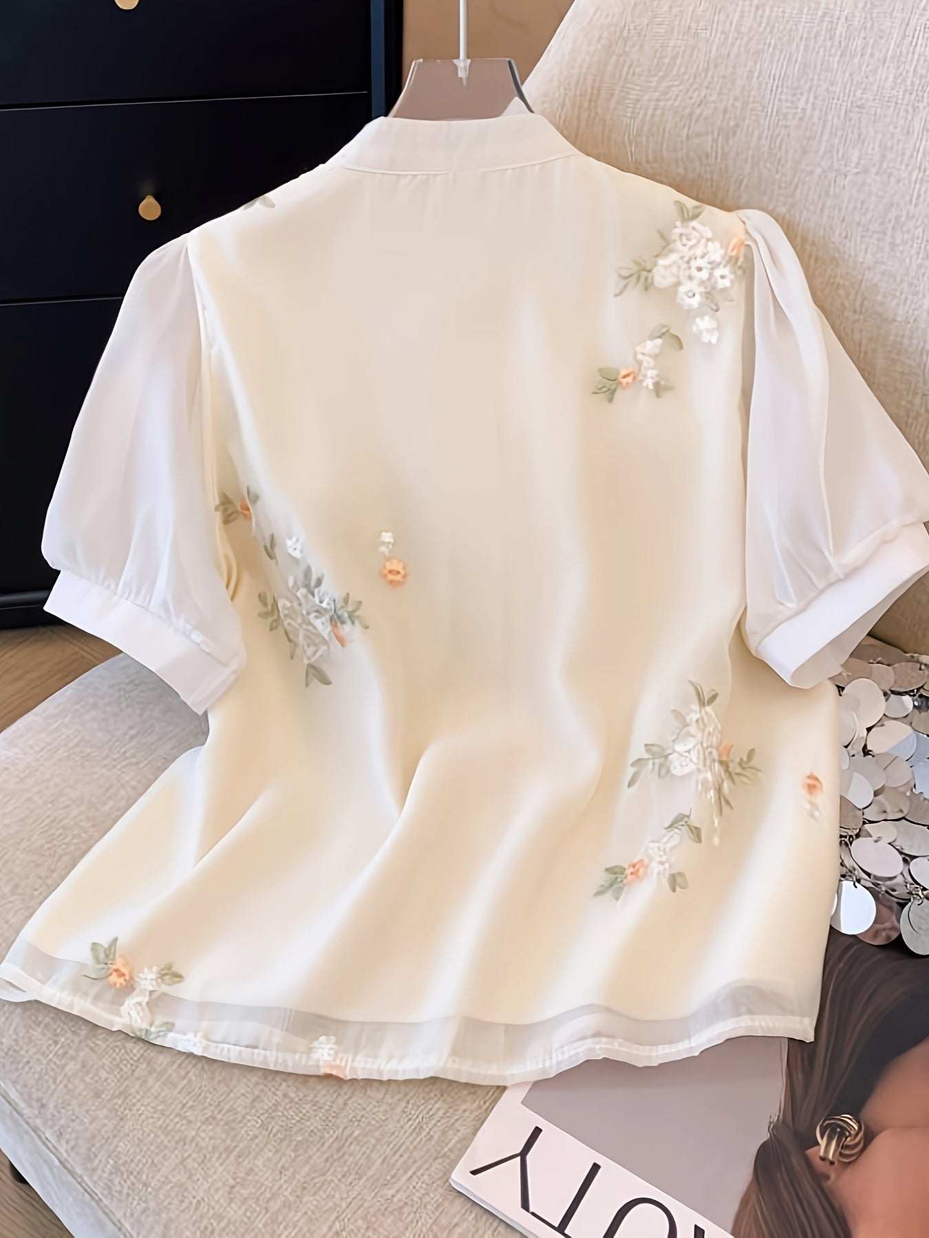 Women's Floral Blouse with Ruffled Cuffs and Tassel Details for Spring Summer