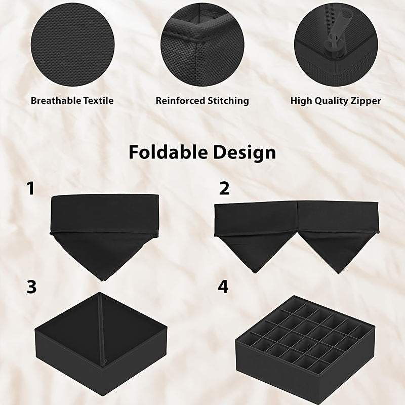 4 ta yig'iladigan saqlash qutilari o'lchami 64.01 sm X 49.0 sm X 10.01 sm. Kiyimlar, paypoqlar, kamarlar va uy bezaklarini tartibga solish uchun ideal.
