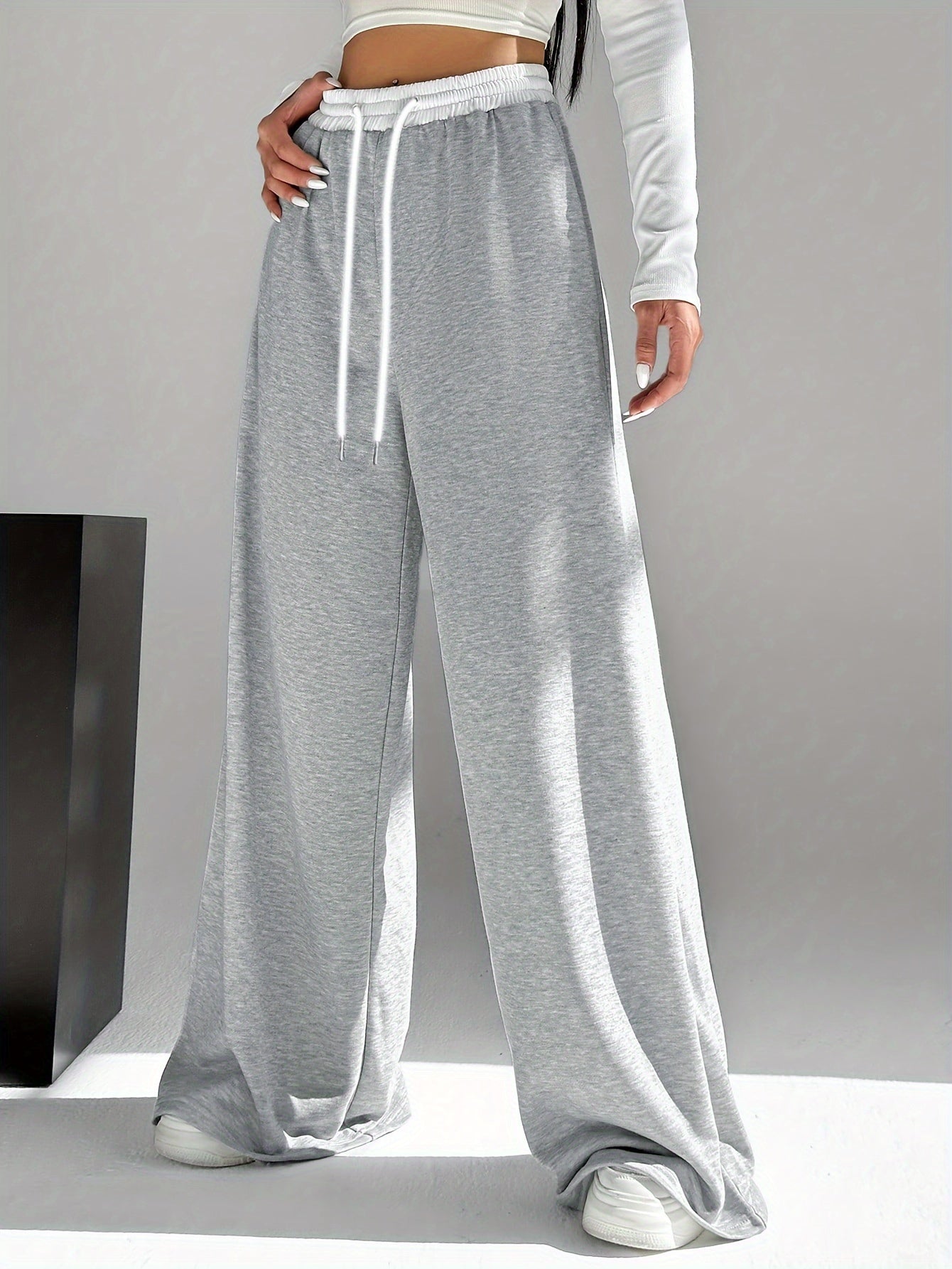 Women's High Waist Wide Leg Drawstring Pants in Contrasting Colors for Spring and Fall