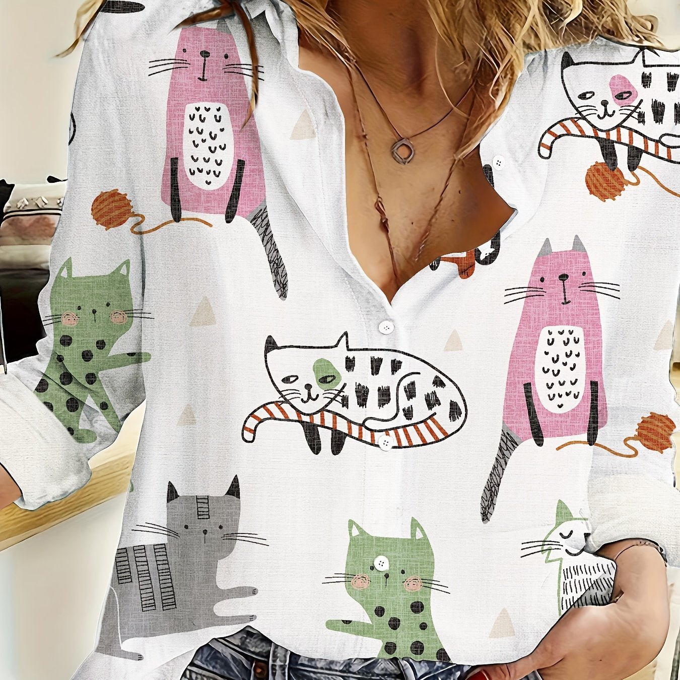 Women's Long Sleeve Casual Shirt Polyester Spandex with Cat and Fish Print for Spring and Summer