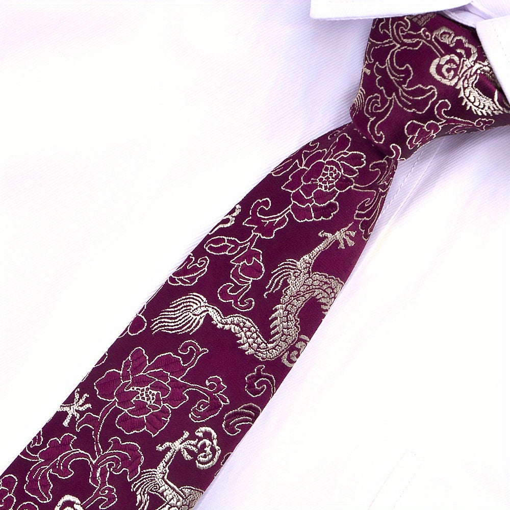 Men's Silk Tie with Hand-Embroidered Chinese Dragon and Peony Design