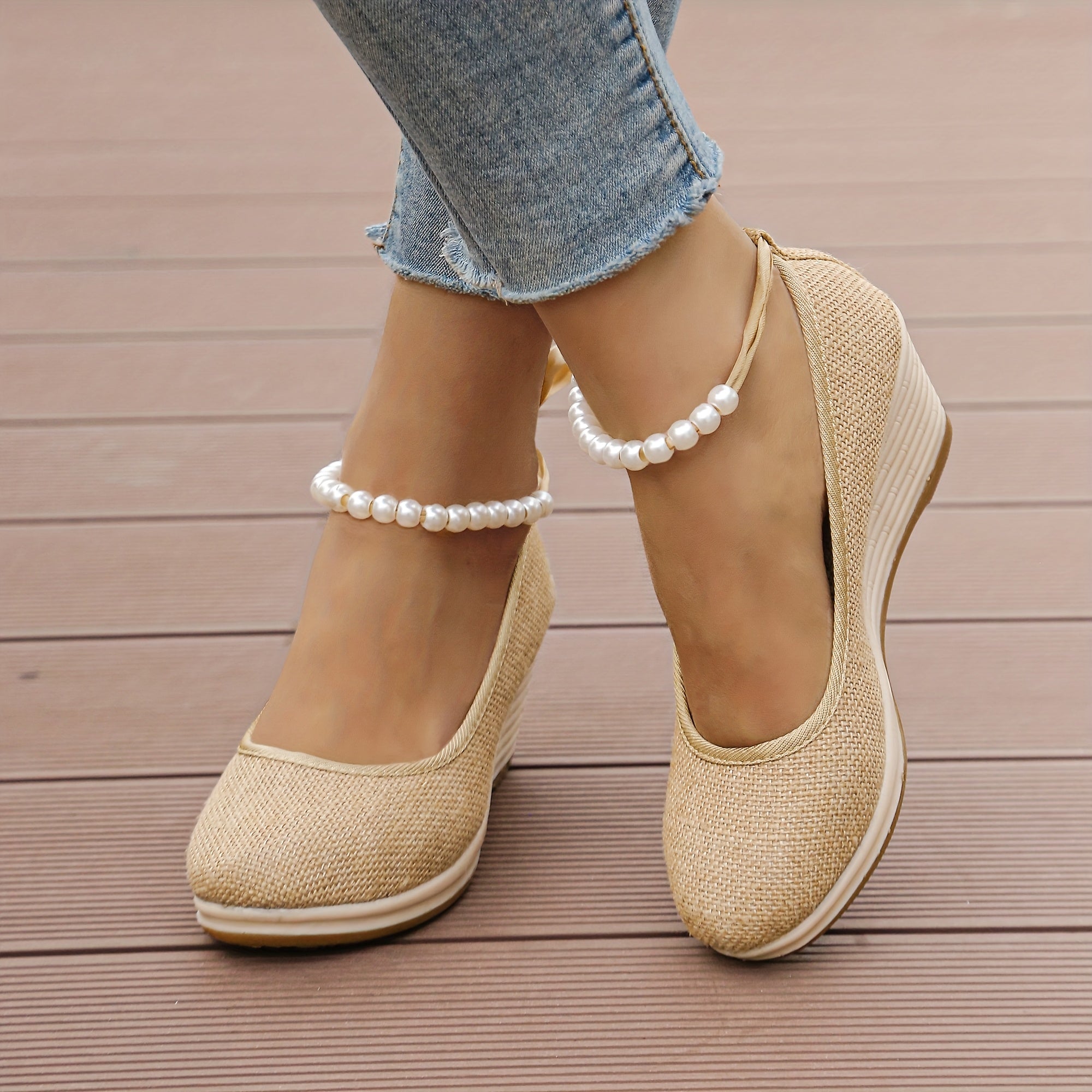 Women's Black Linen Wedge Heel Pumps Round-Toe Shoes with Ankle Bracelets