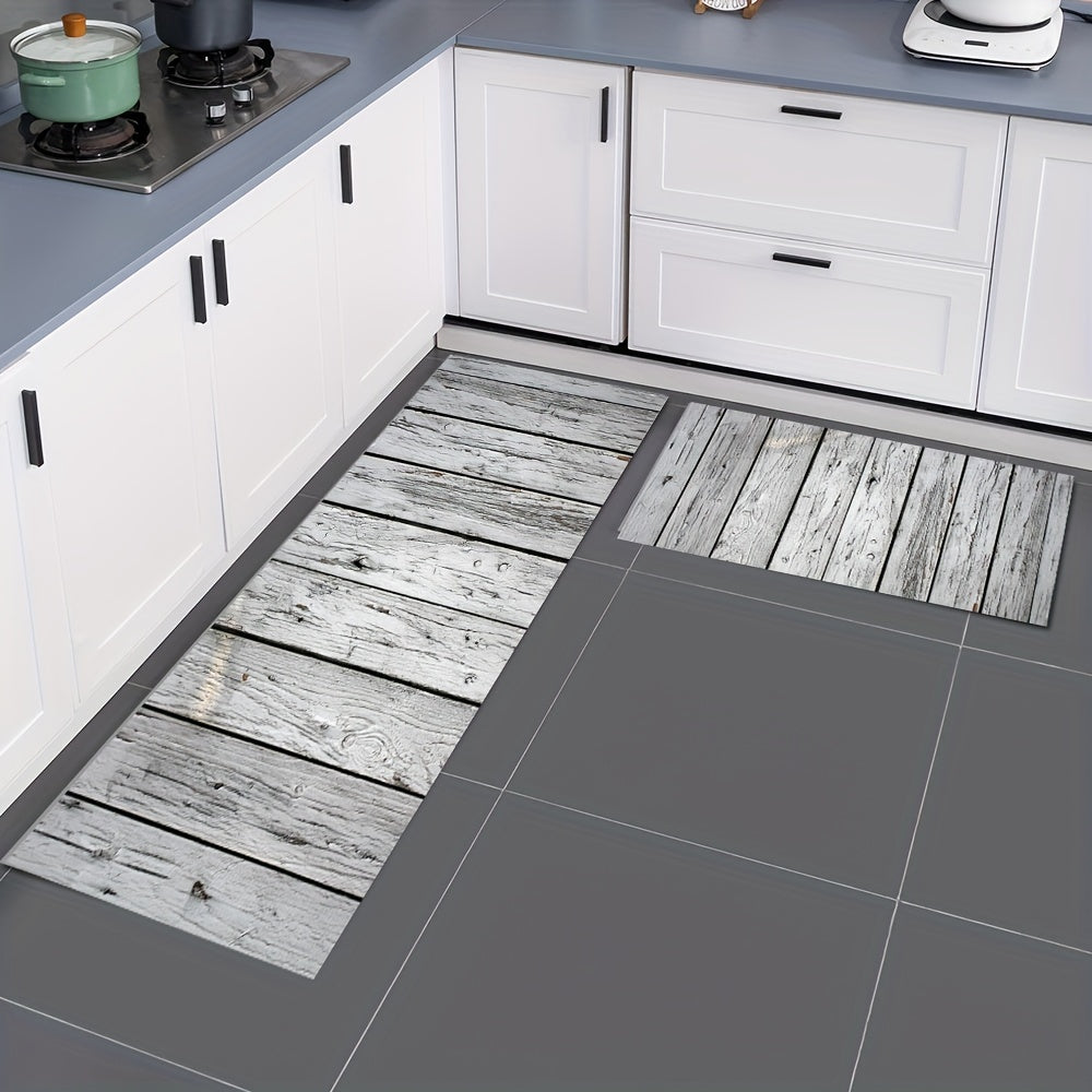 Gray and White Wood Grain Entrance Mat Water Absorbent Non-Slip Floor Rug