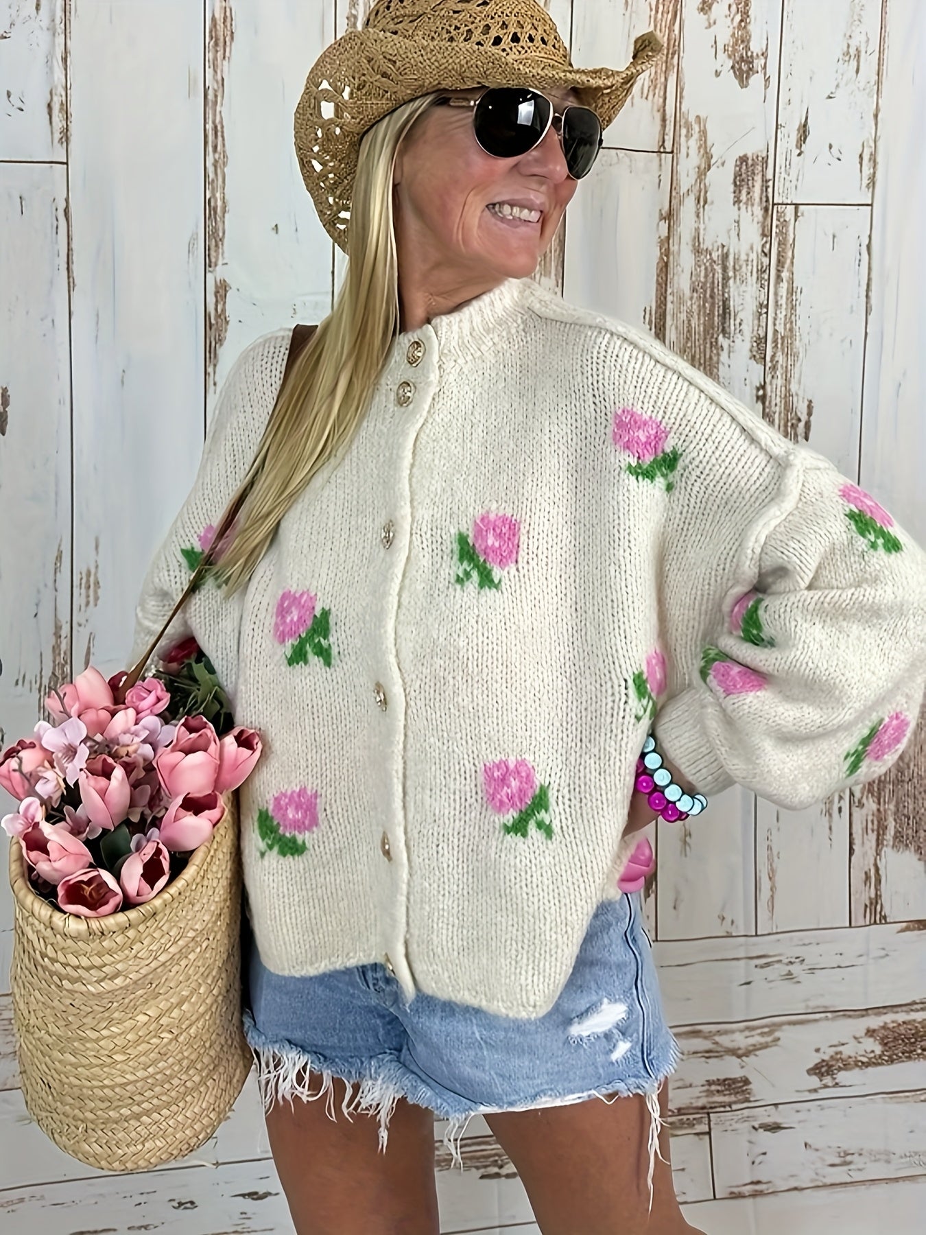 Women's Floral Print Cardigan Textured Knit Autumn Fall Long Sleeve