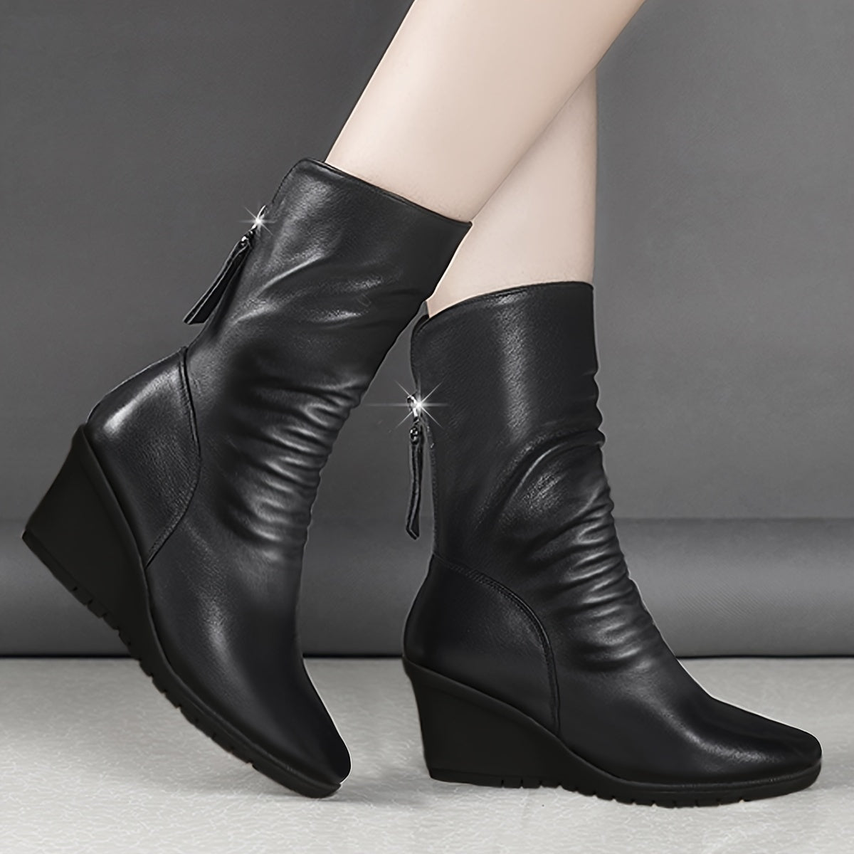 Women's Mid-Calf Leather Flat Wedge Heel Boots for Fall and Winter