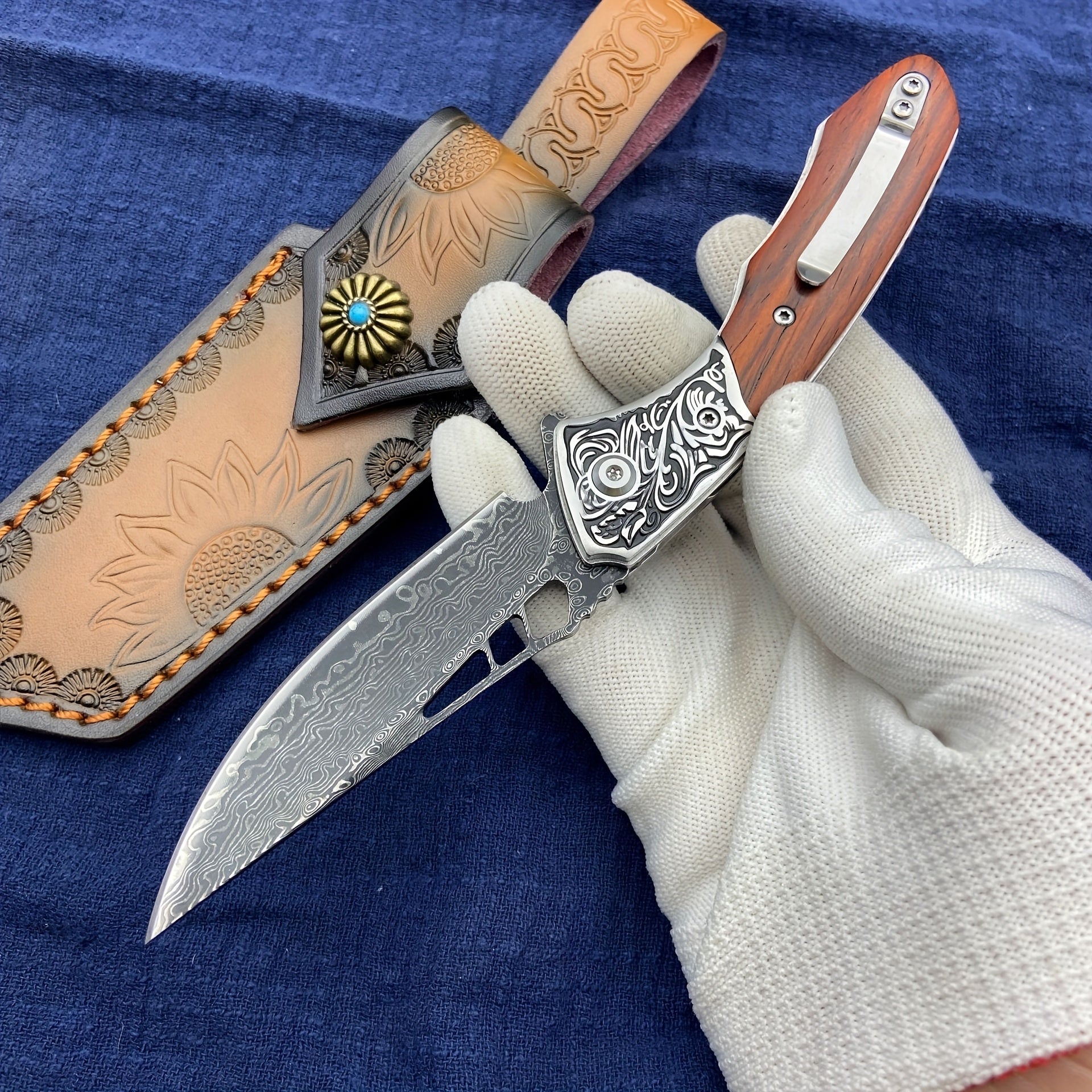 Leather Sheath for Damascus Folding Knife Sunflower Print with Carry Rope