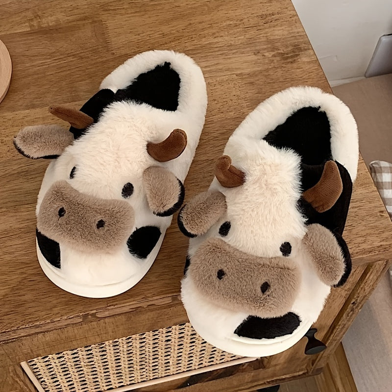 Women's Plush Cow House Slippers Closed Toe Fuzzy Indoor Shoes