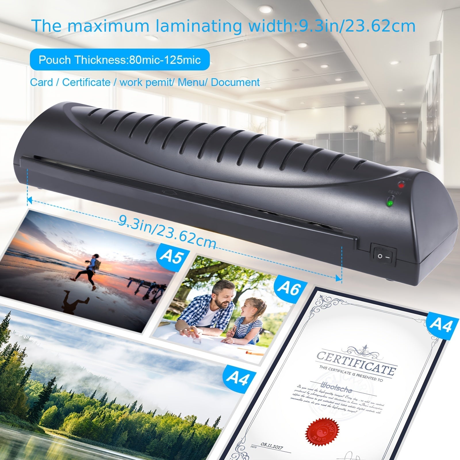 A4 Laminator for Photos and Documents Black Compact Fast Heat-up Small Office Use