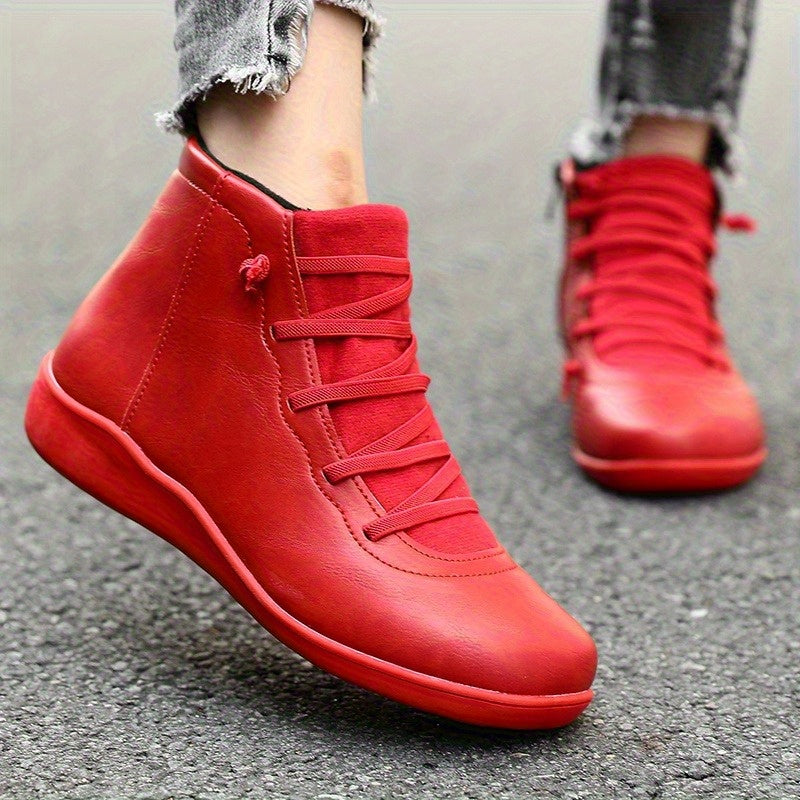 Women's Casual Ankle Boots Brown PU Low Heel Round Toe Lace-Up