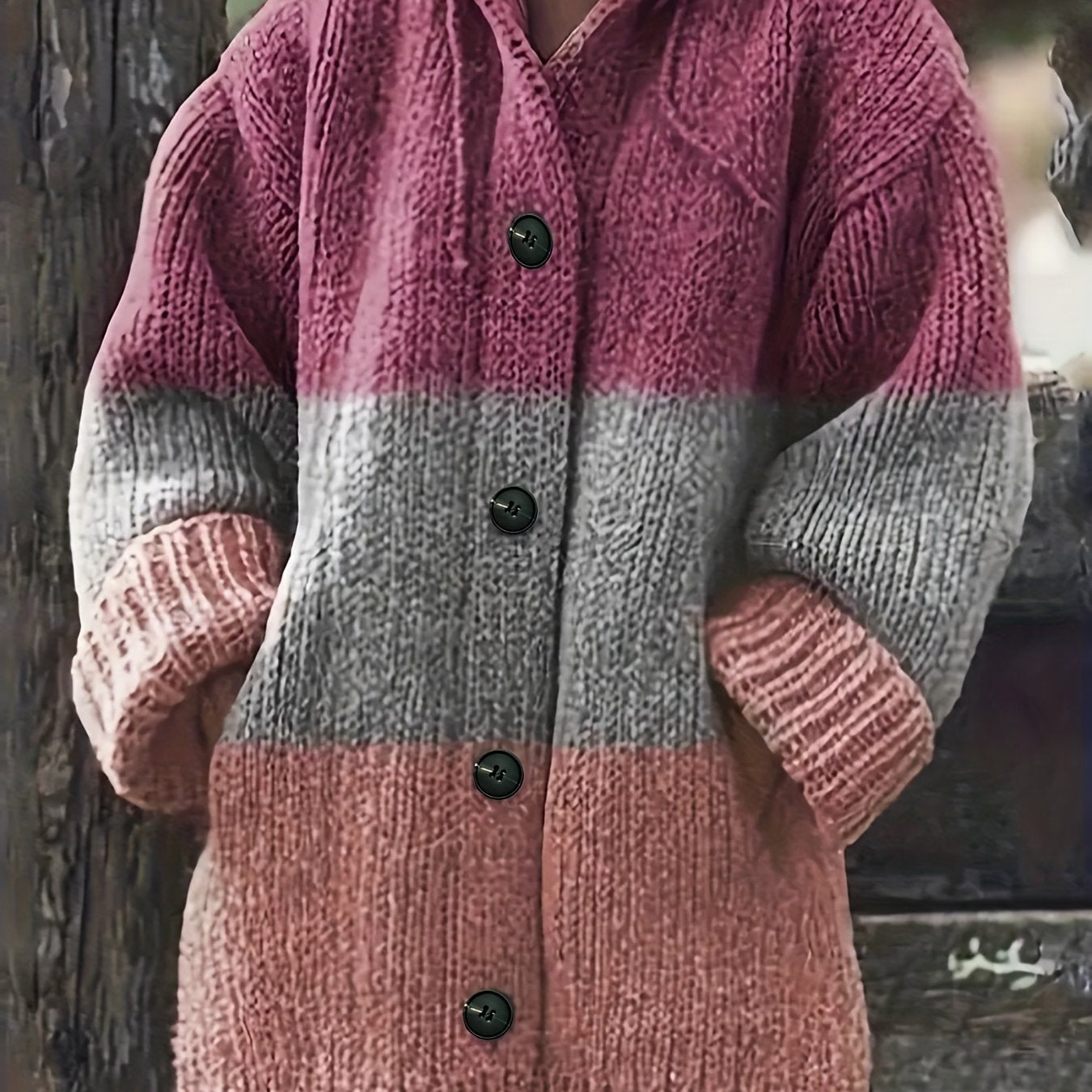 Plus o'lcham ayollar uchun kapşonli sviter, katta o'lchamli, rang blokli, uzun qo'lli, cho'ntaklar bilan