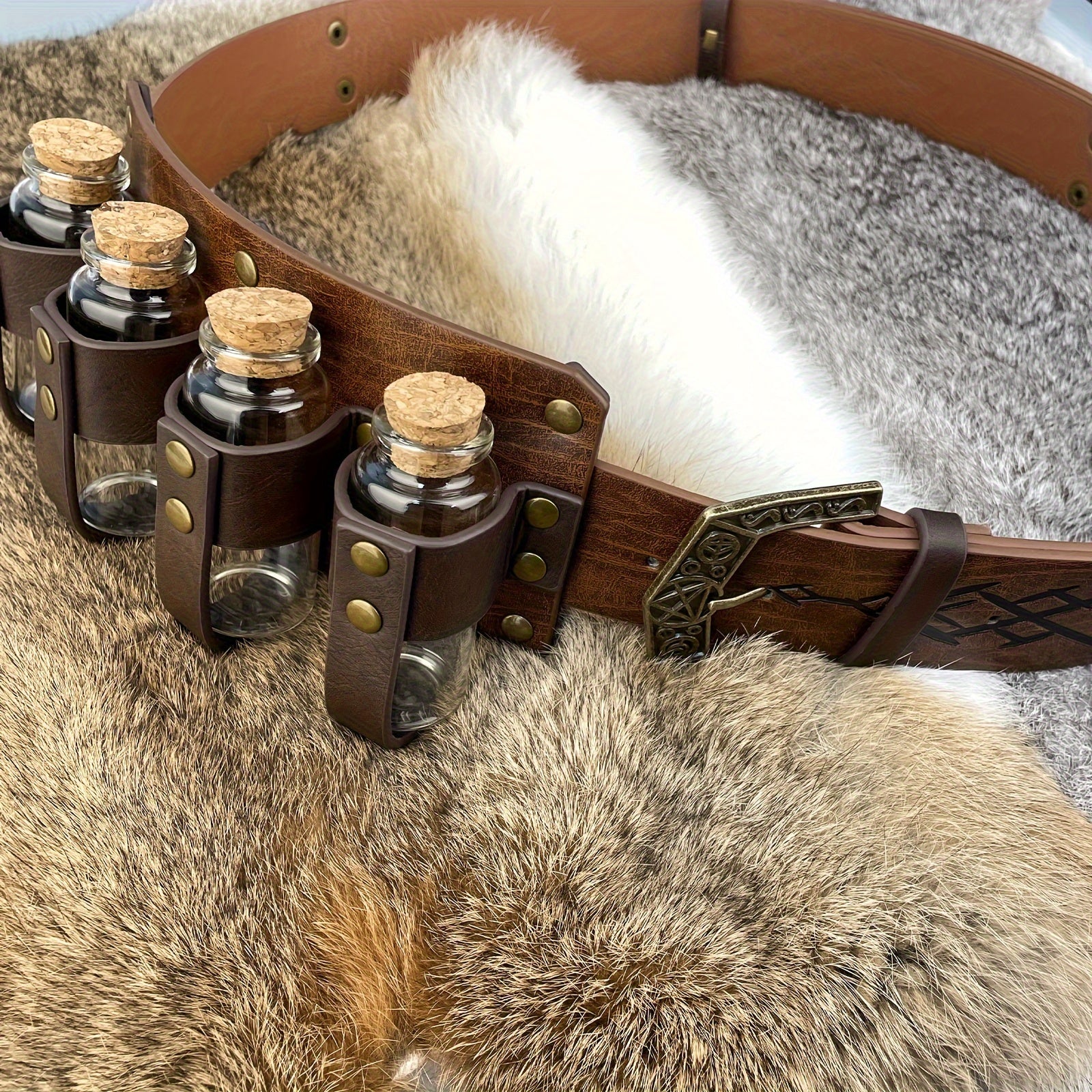 Medieval Waistbelt with Four Bottle Holders PU Leather Viking Cosplay Accessory