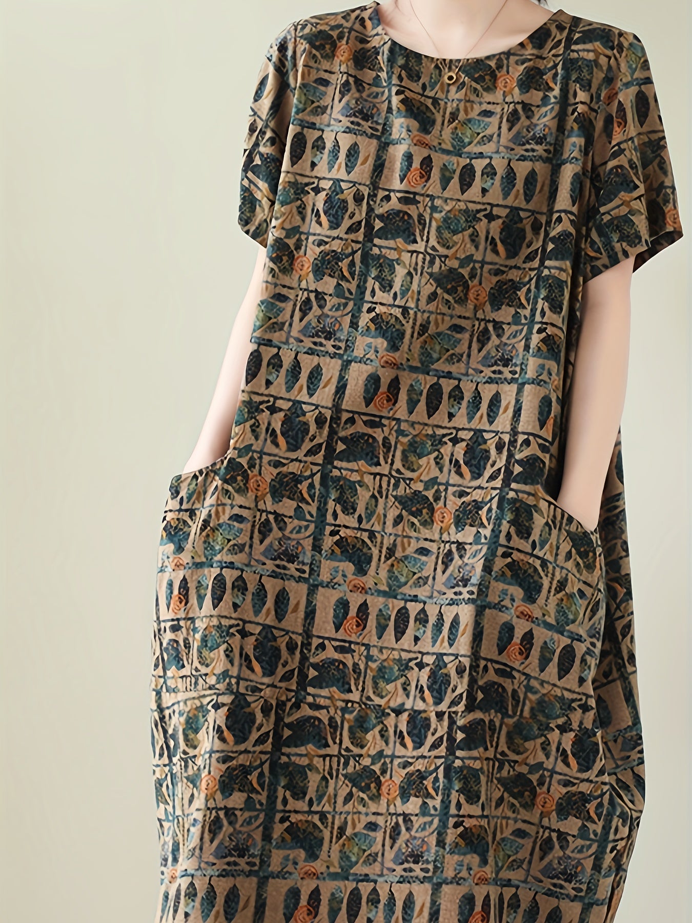 Vestido de lino para adultos de manga corta con estampado de primavera y verano y bolsillos