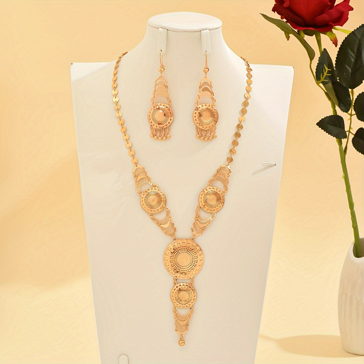 Copper Gold Plated Ramadan Inspired Necklace and Earrings Set with Sunflower Design