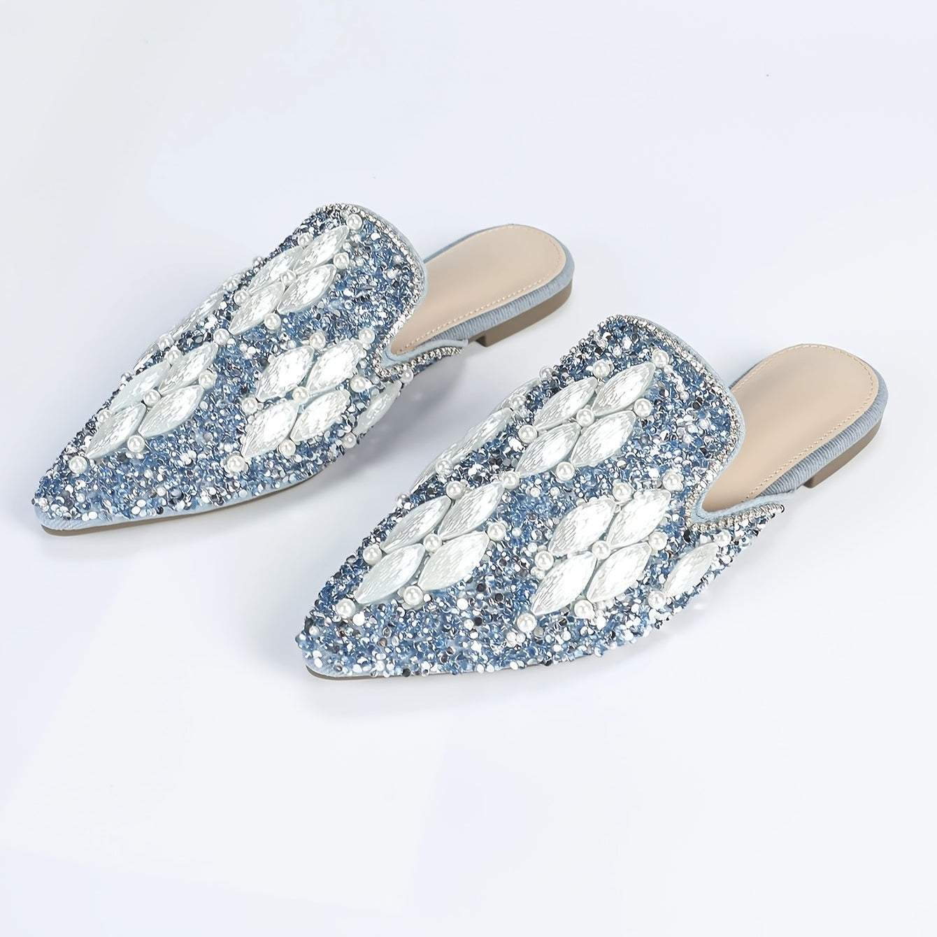 Women's Glitter Rhinestone Flat Mules Slip-On Backless Summer Sandals