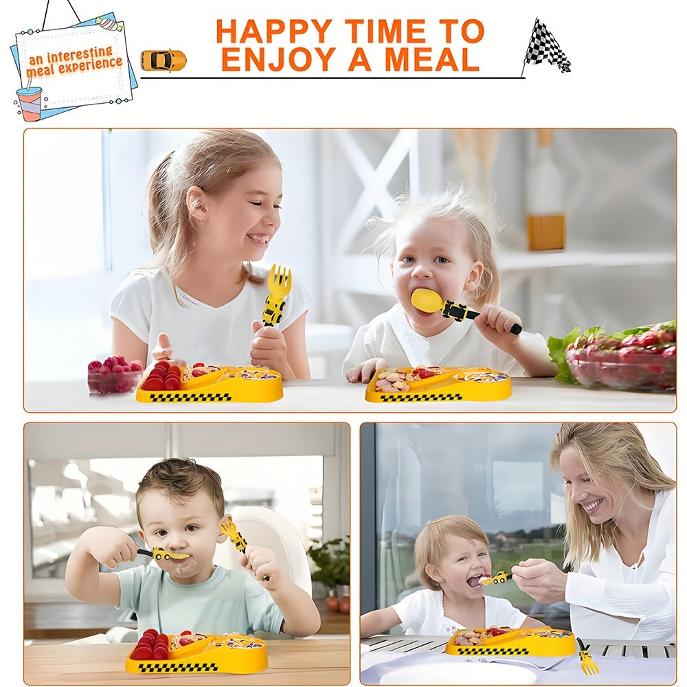 Kids' Cartoon Truck Fork and Spoon Set Non-Toxic Easy-Hold Feeding Utensils in Various Colors