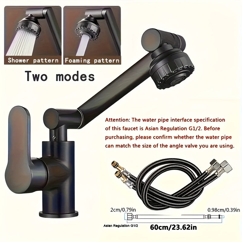 Black Bathroom Faucet with Hot and Cold Water, Four Spout Modes, Mechanical Arm