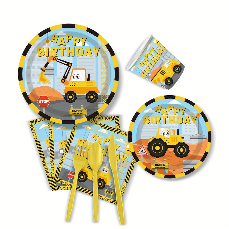 Набор для празднования дня рождения строительной самосвальной машины включает одноразовые тарелки, стаканы, салфетки для детского праздника