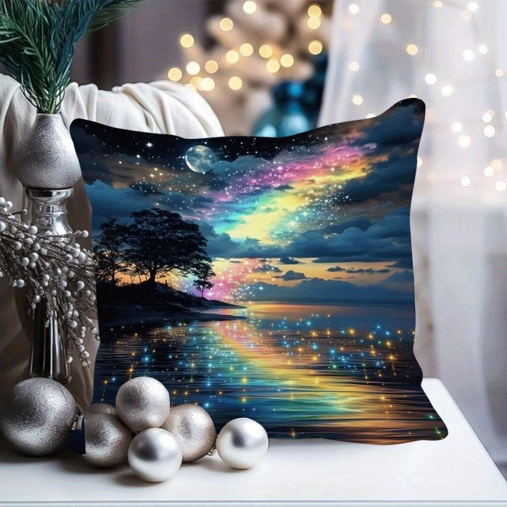 Starry Rainbow Tree of Life Decorative Cushion Cover 45.72x45.72 cm Polyester Machine Washable