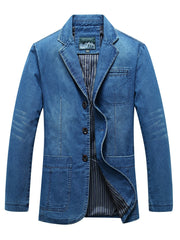 Men's Water-Resistant Denim Blazer with Long Sleeves, Button Closure, Flap Pockets