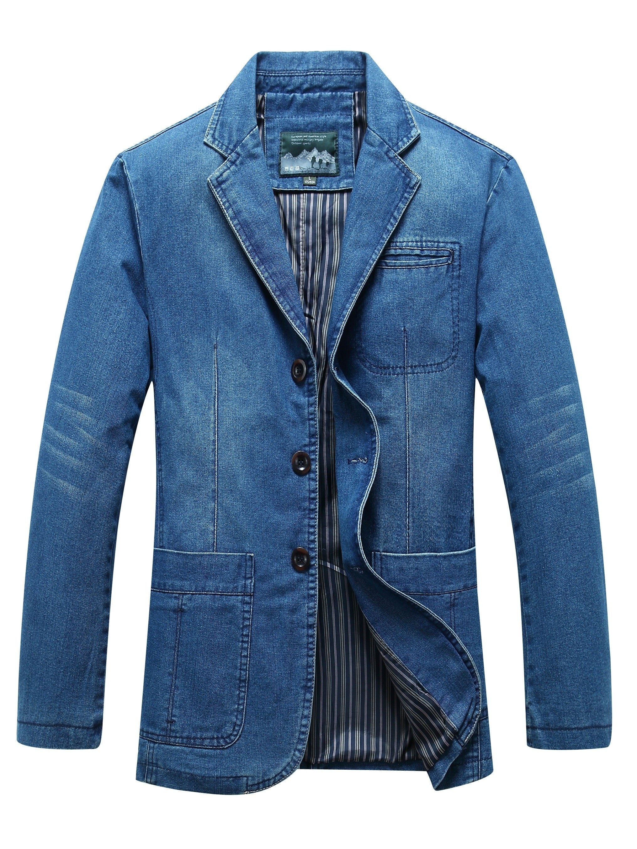 Men's Water-Resistant Denim Blazer with Long Sleeves, Button Closure, Flap Pockets