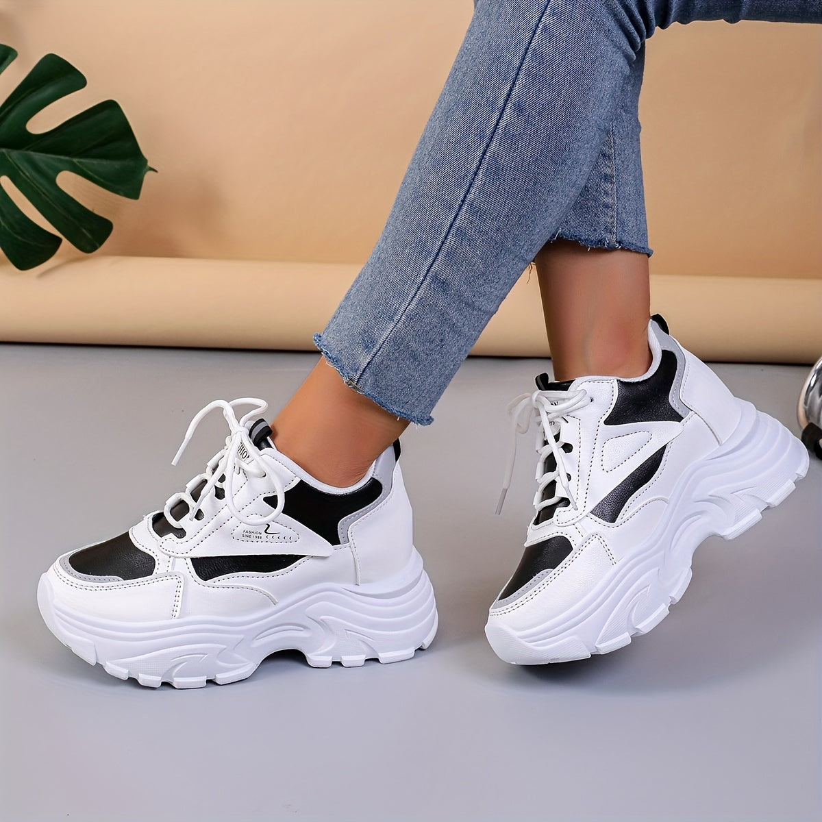 Women's Chunky Sneakers with Wedge Heel Casual Lace-Up Low Top Rubber Sole