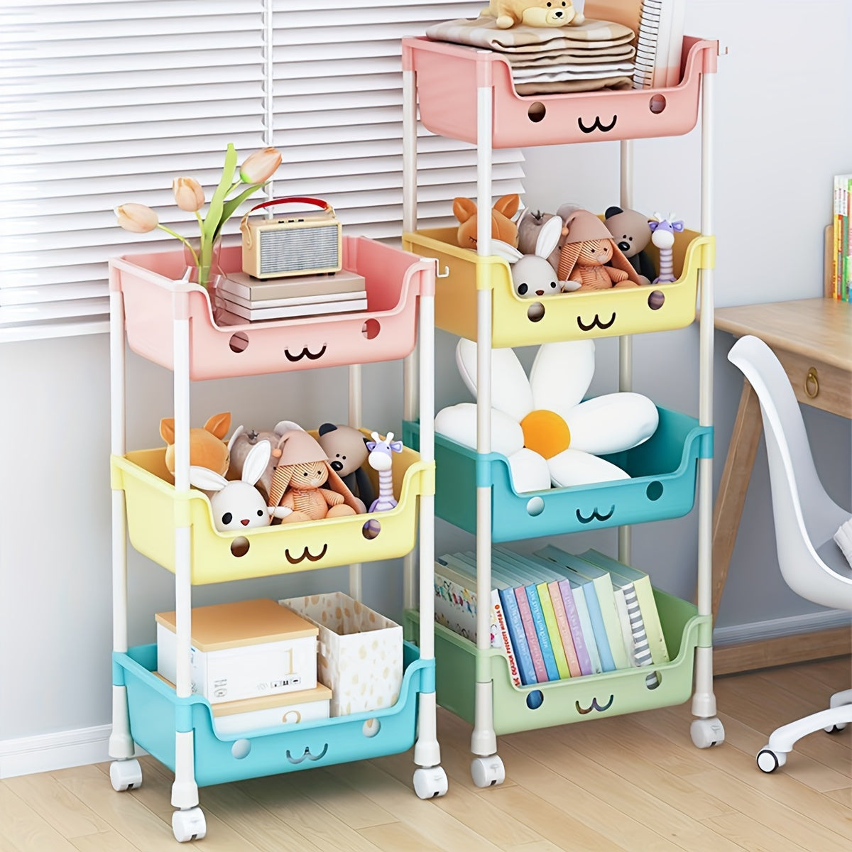 Storage Cart with Swivel Wheels for Home Organization of Snacks Toys Wipes and Books Four Tiers